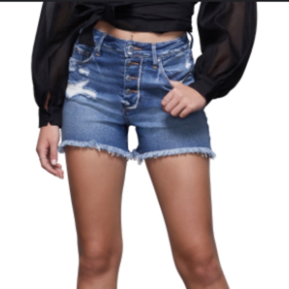 Good American Bombshell Exposed Button High Rise Distressed Denim Cutoff Shorts